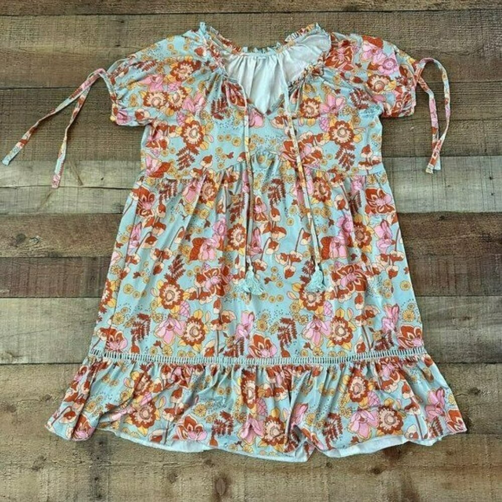 Floral Print Boho Style Short Sleeve Womens Dress Drawstring Neckline Ruffle Hem
